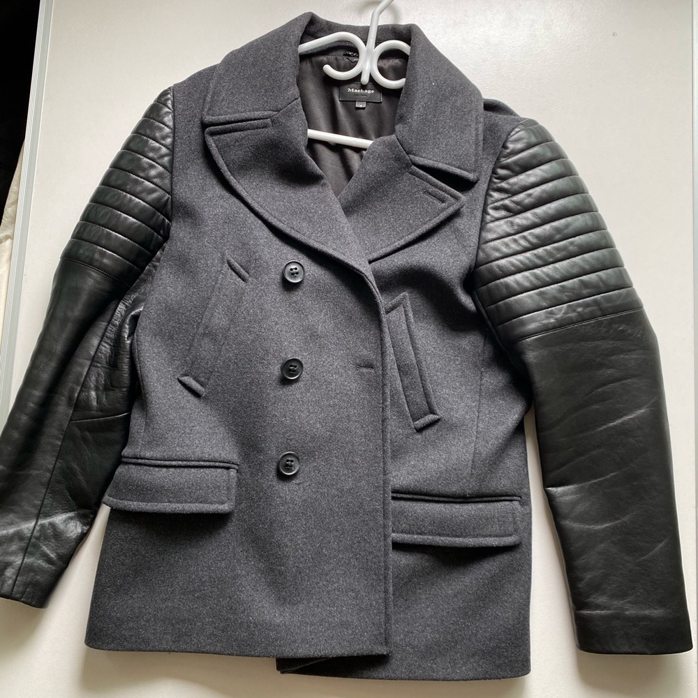 Grey Mackage jacket with black leather sleeves